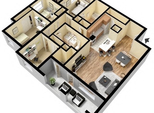 Floor plan for 4 beds, 2 baths, 1300 sqft